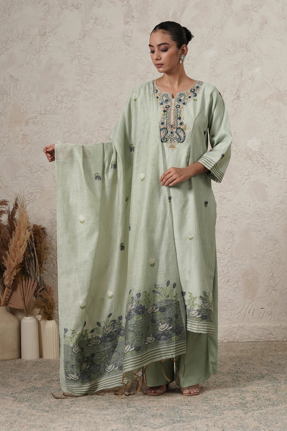 Dhaani Hand-Embroidered Kurta Set with Pants & Dupatta | Sage Green | Chanderi & Satin | Women | THETAA