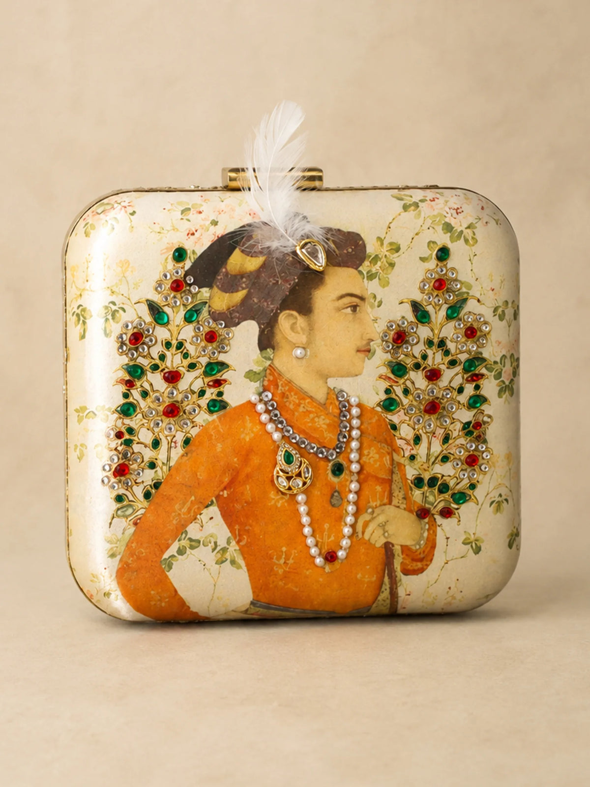 Indian Prince Portrait Embellished Clutch Bag with Gold Detail