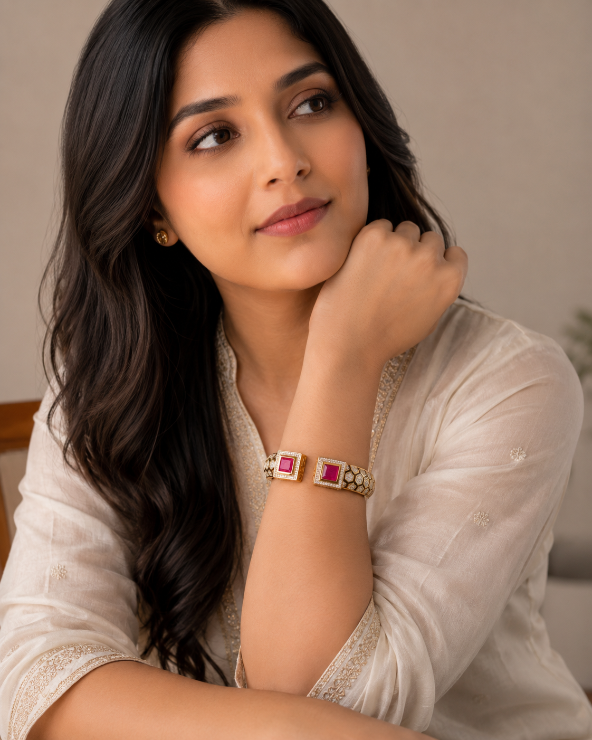 Gold-Plated Pink Stone Open Cuff Kada Bracelet