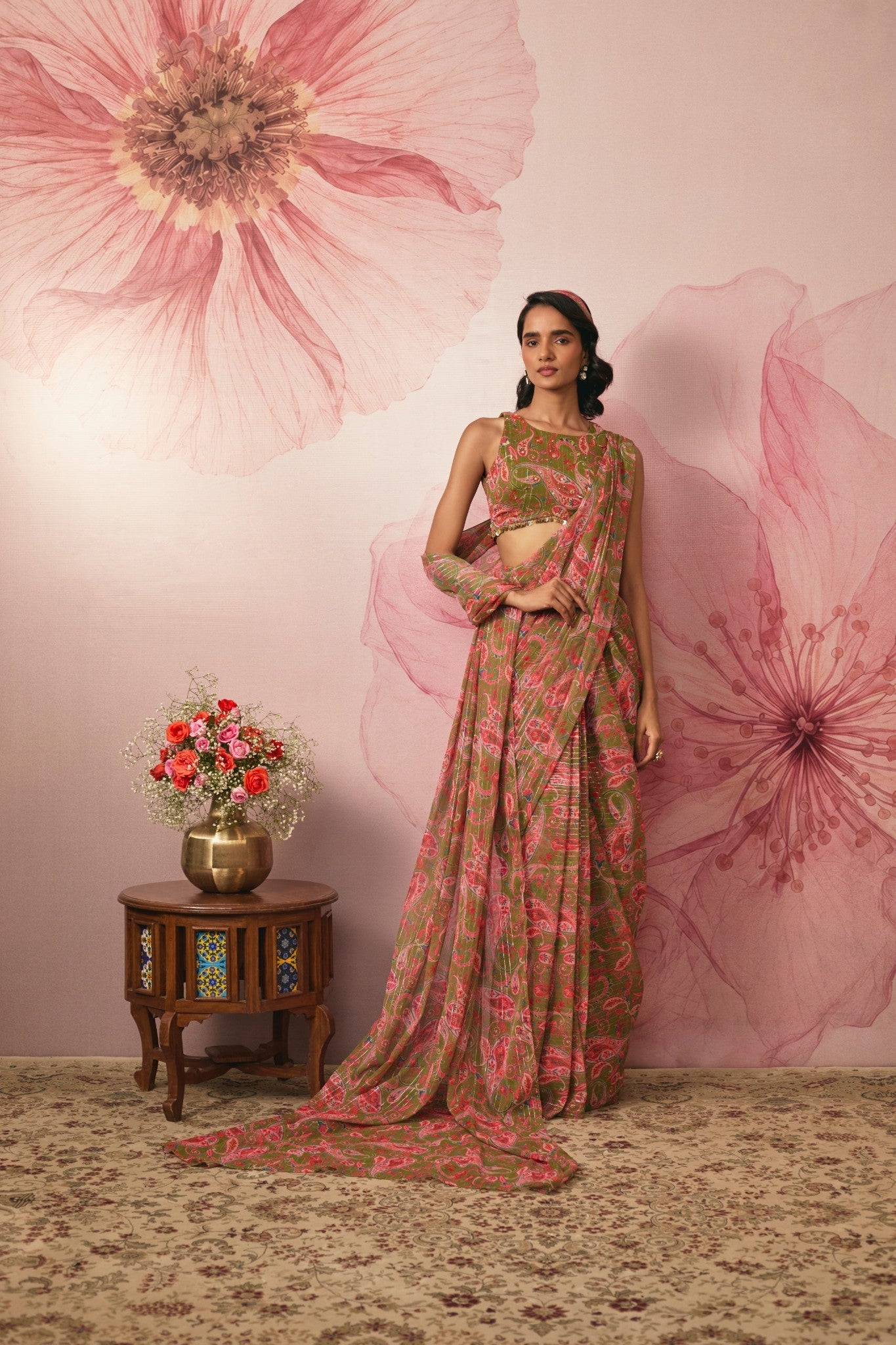 GREEN PAISLEY PRINTED PRE DRAPED SAREE SET