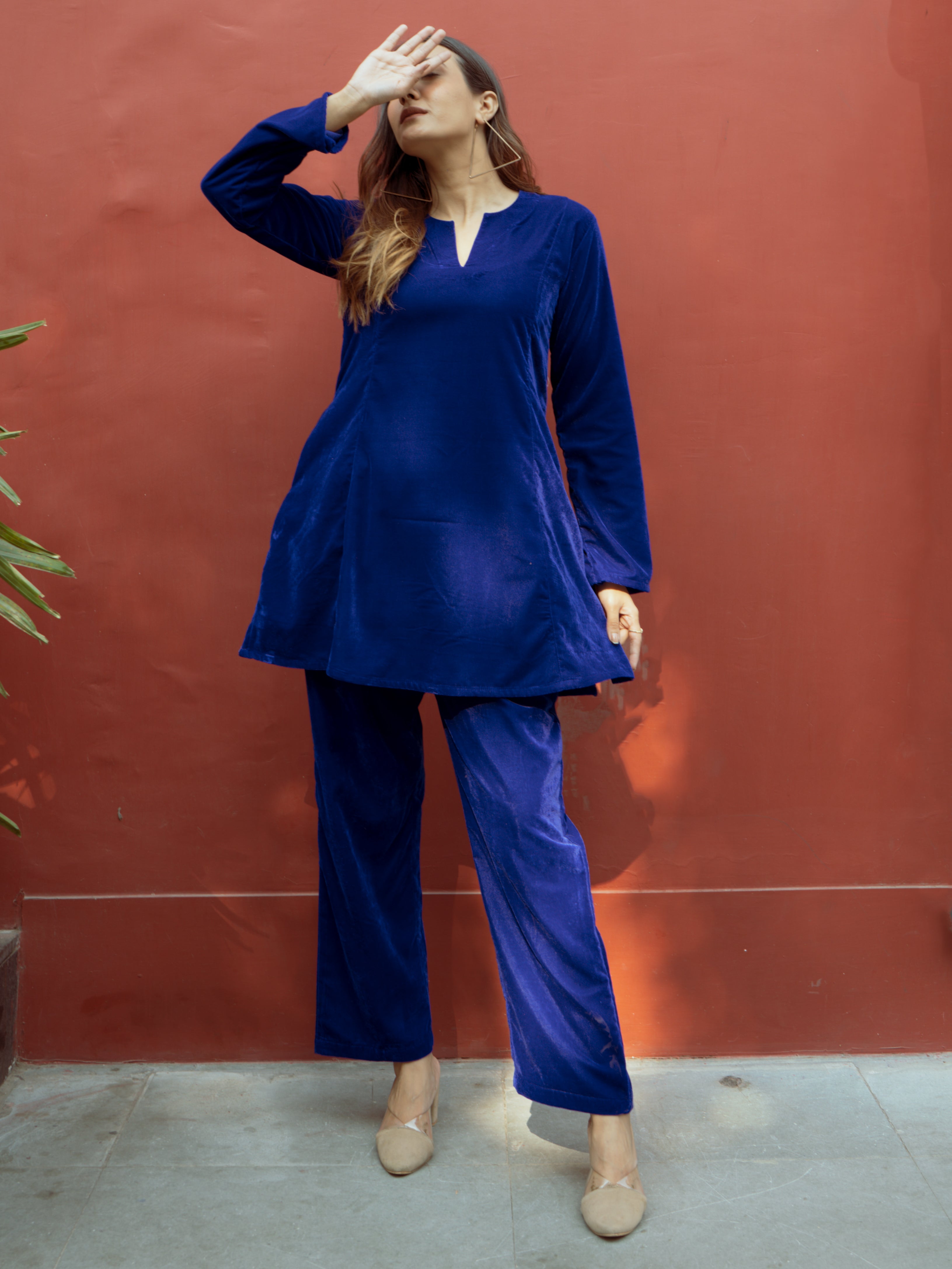 Blue Solid Velvet Co-Ord Set