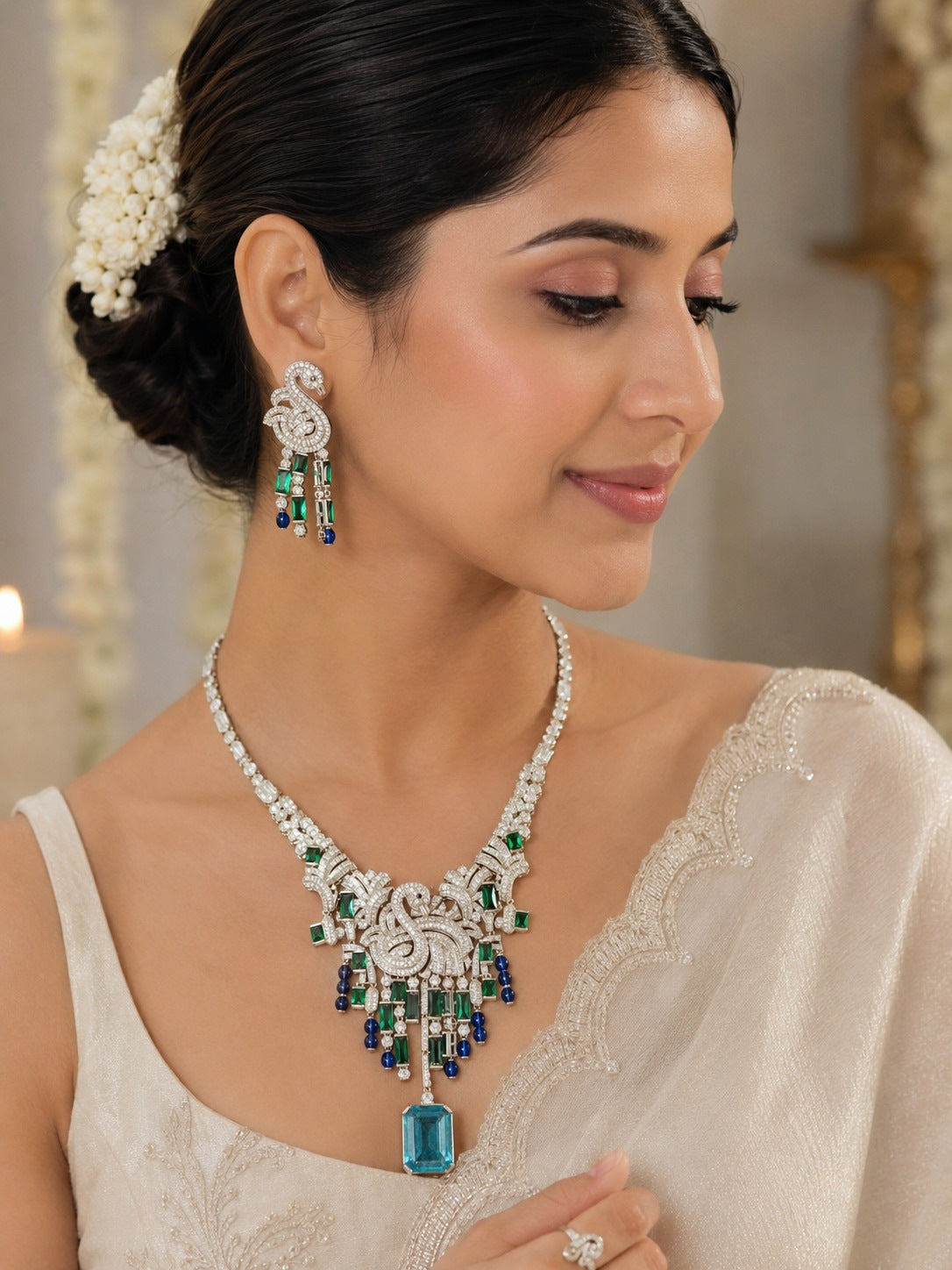 Emerald Sapphire Swan Diamond Statement Necklace Set