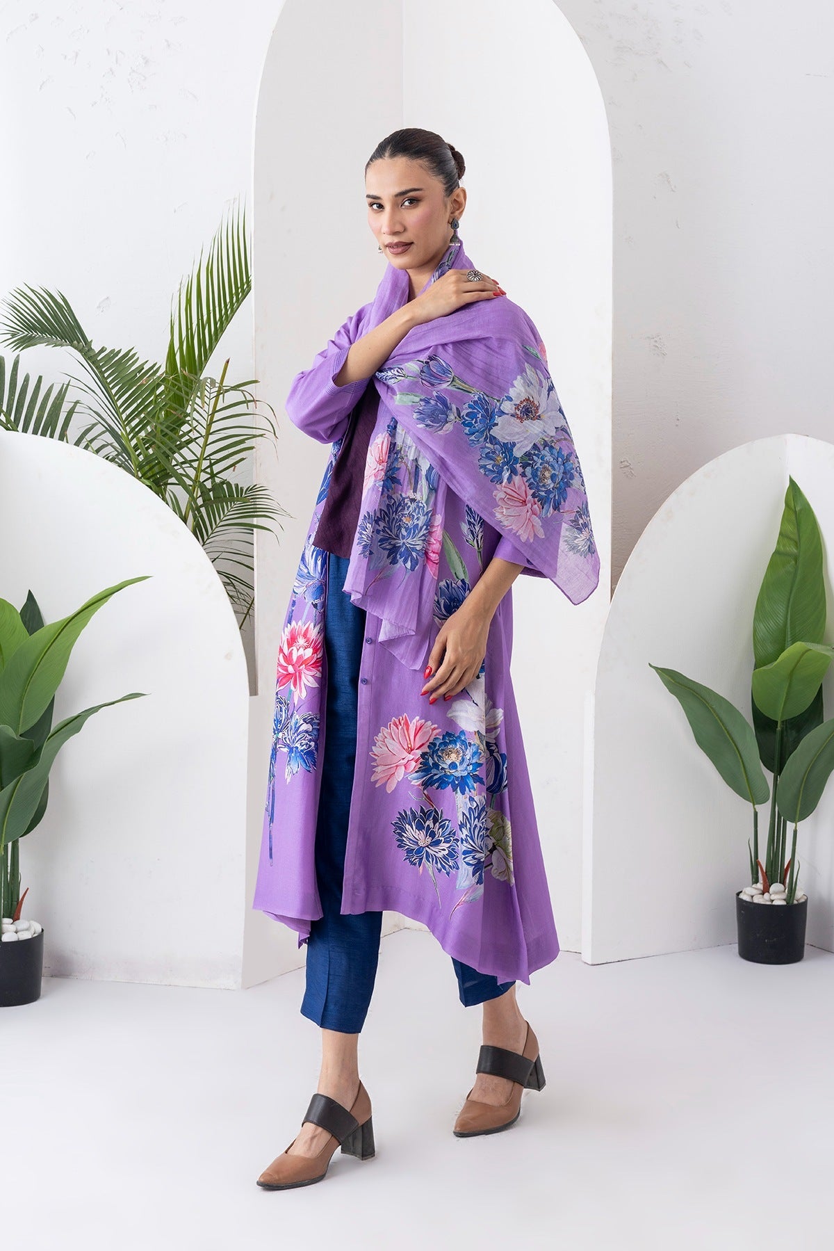 Lavender Silk Chanderi Front Open Printed Dress Set (3 PCS)