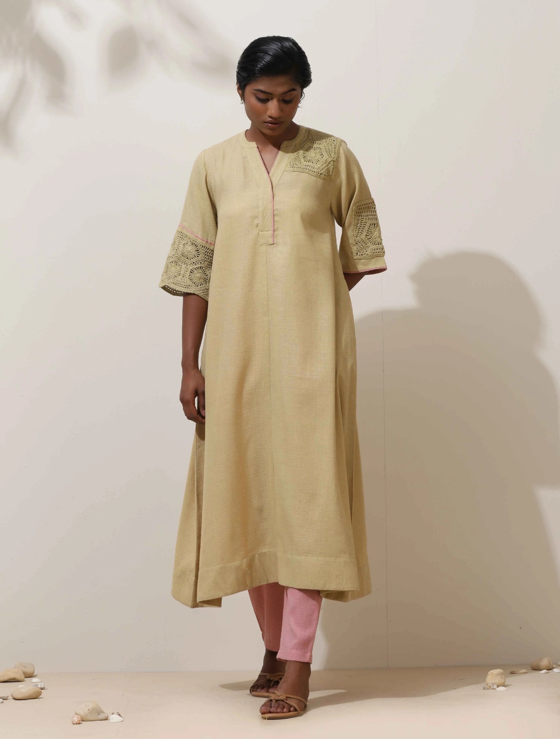 trueBrowns Souk Yellow Crochet tural Cotton Kurta Pant Set