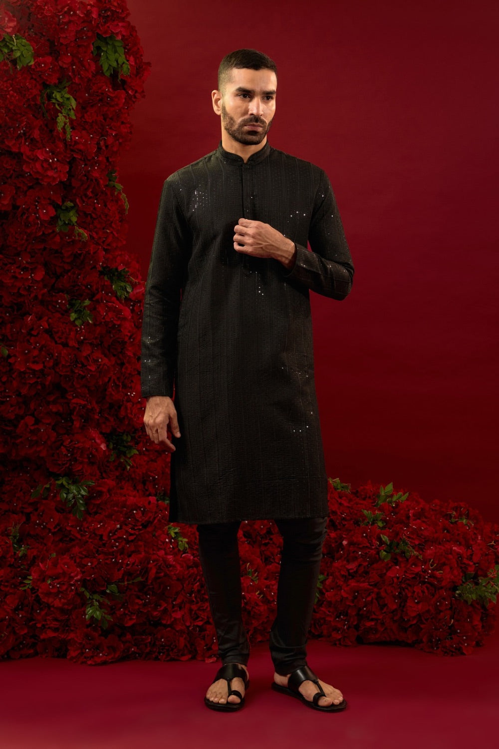 Black silk kurta set with hand and machine work