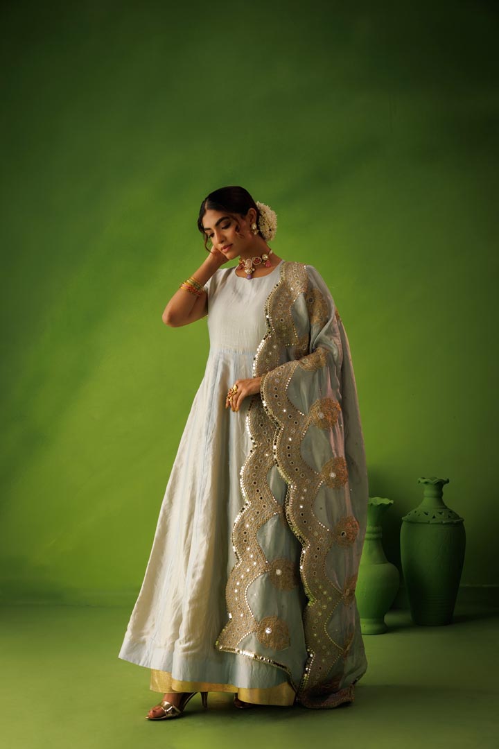Powder blue and yellow reversible anarkali set with blue dupatta