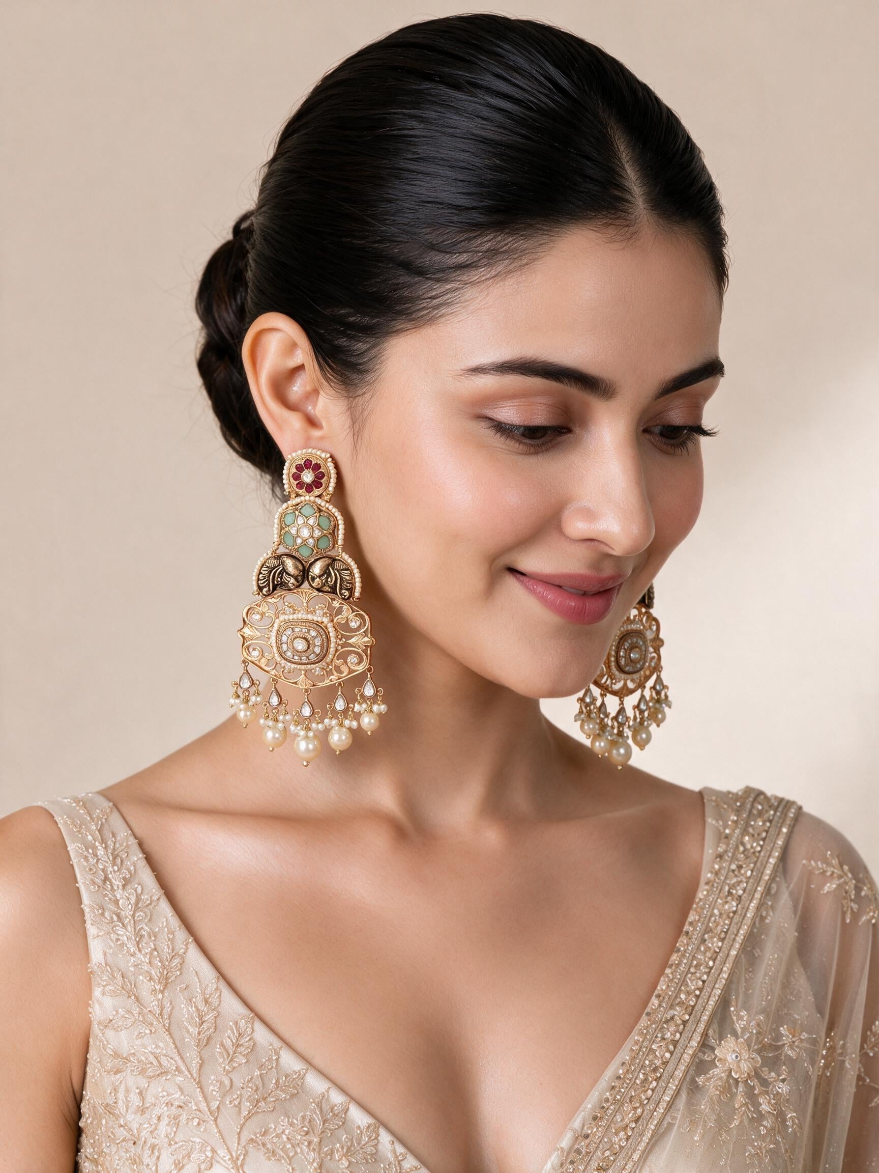 Multicolour Kundan Pearl Statement Earrings
