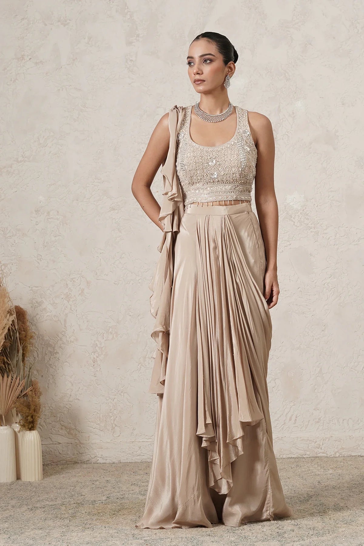 Lehar Ruffle Pre-Draped Saree with Sequin Blouse | Beige  | Women | THETAA
