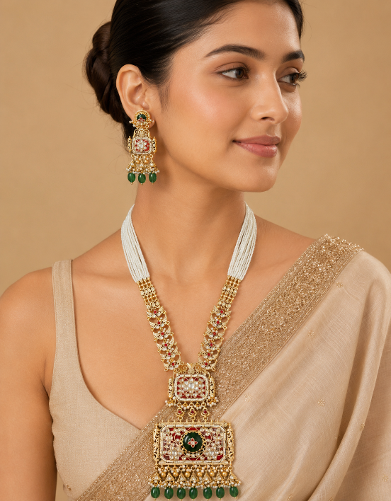 Royal Emerald Ruby Statement Necklace Set with Jhumka earring