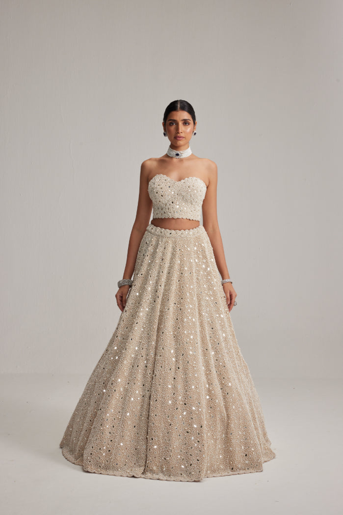 Light Beige Dense mirror and pearl Corset lehenga set