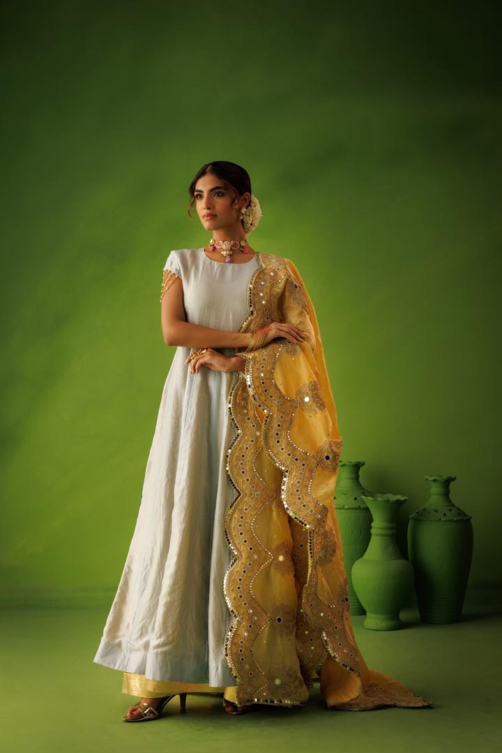 Powder blue and yellow reversible anarkali set with yellow  dupatta
