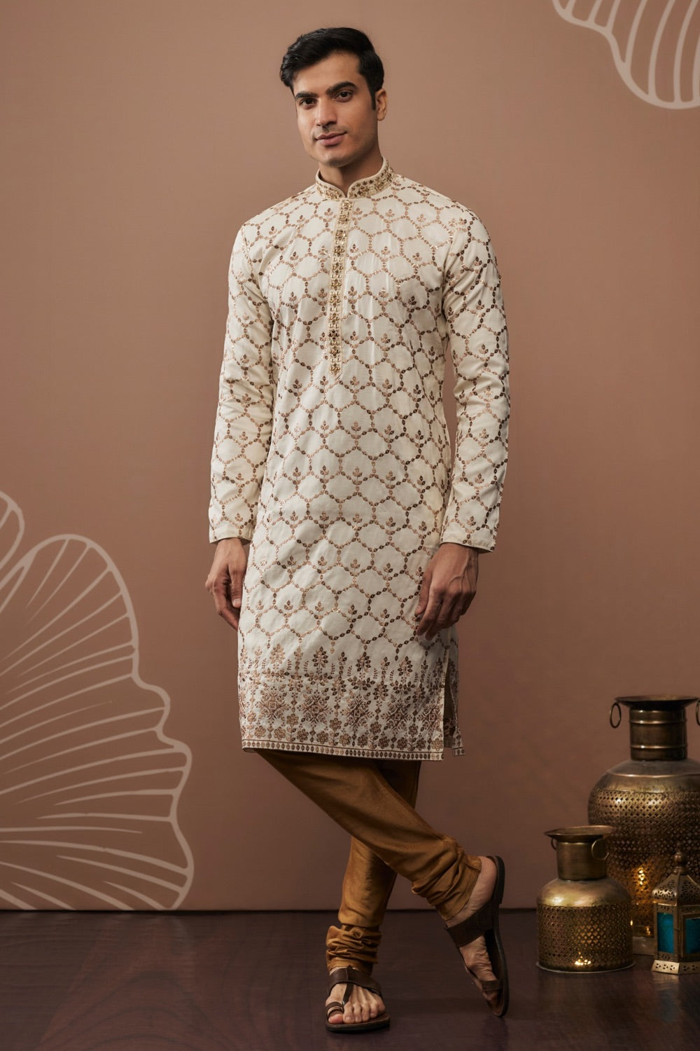 Beige silk kurta pajama with gold hand and machine work