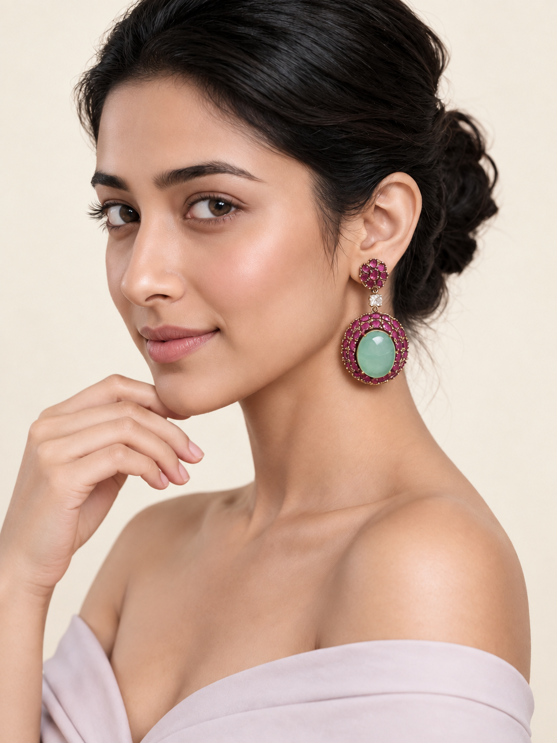 Pink Green Stone Gold-Tone Drop Earrings