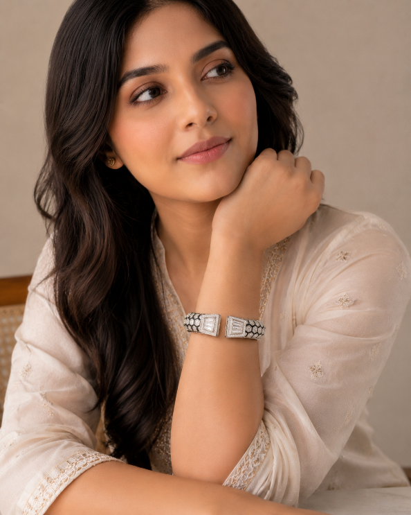 Silver-Tone Geometric Statement Cuff Bracelet with Crystal Accents