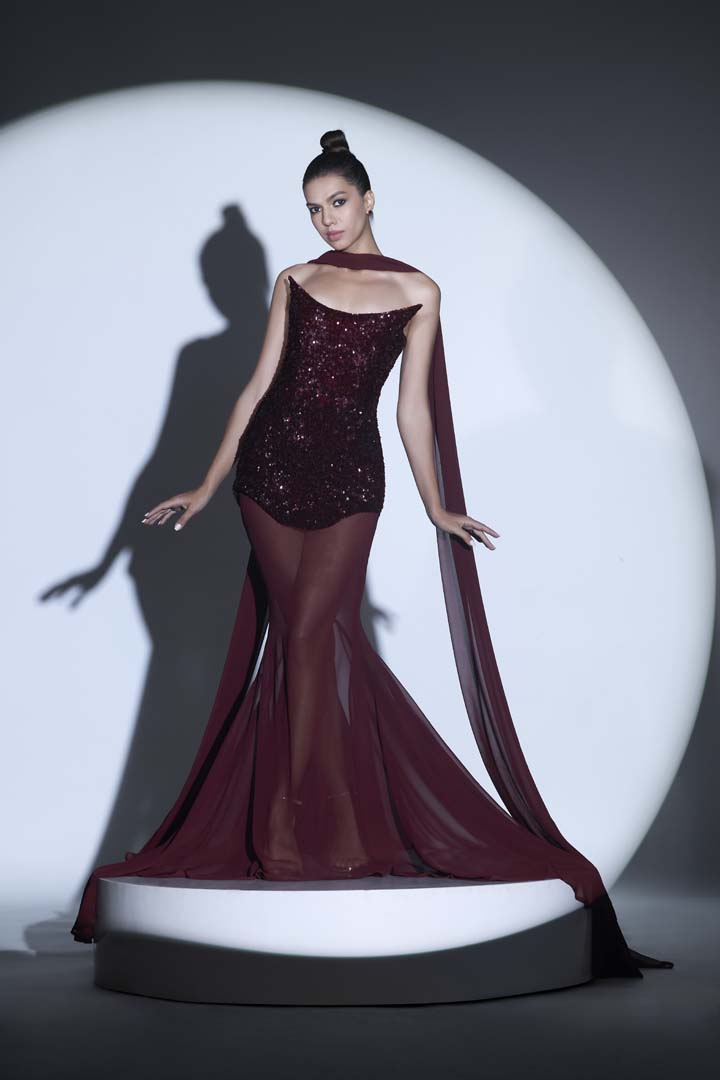 Burgundy Corseted Overlay with Mermaid Skirt