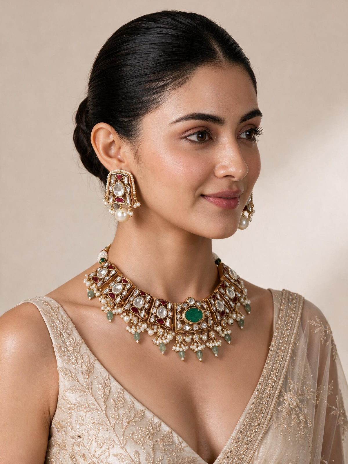 Sage Green Semi-Precious Stone Kundan Choker Set with Ruby Accents & Pearl Drops