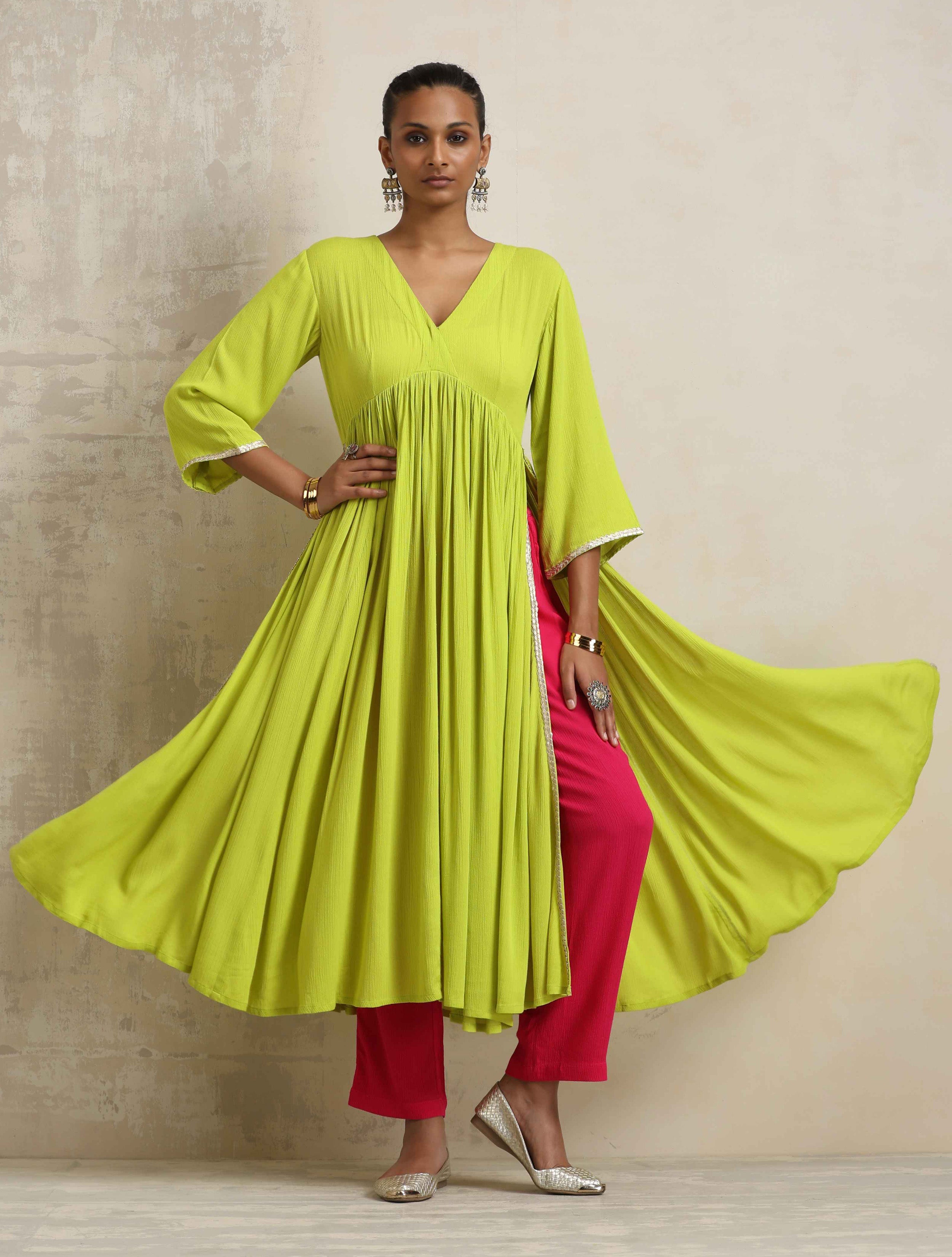 trueBrowns Lime Crinkle Arkali Flared Kurta Set
