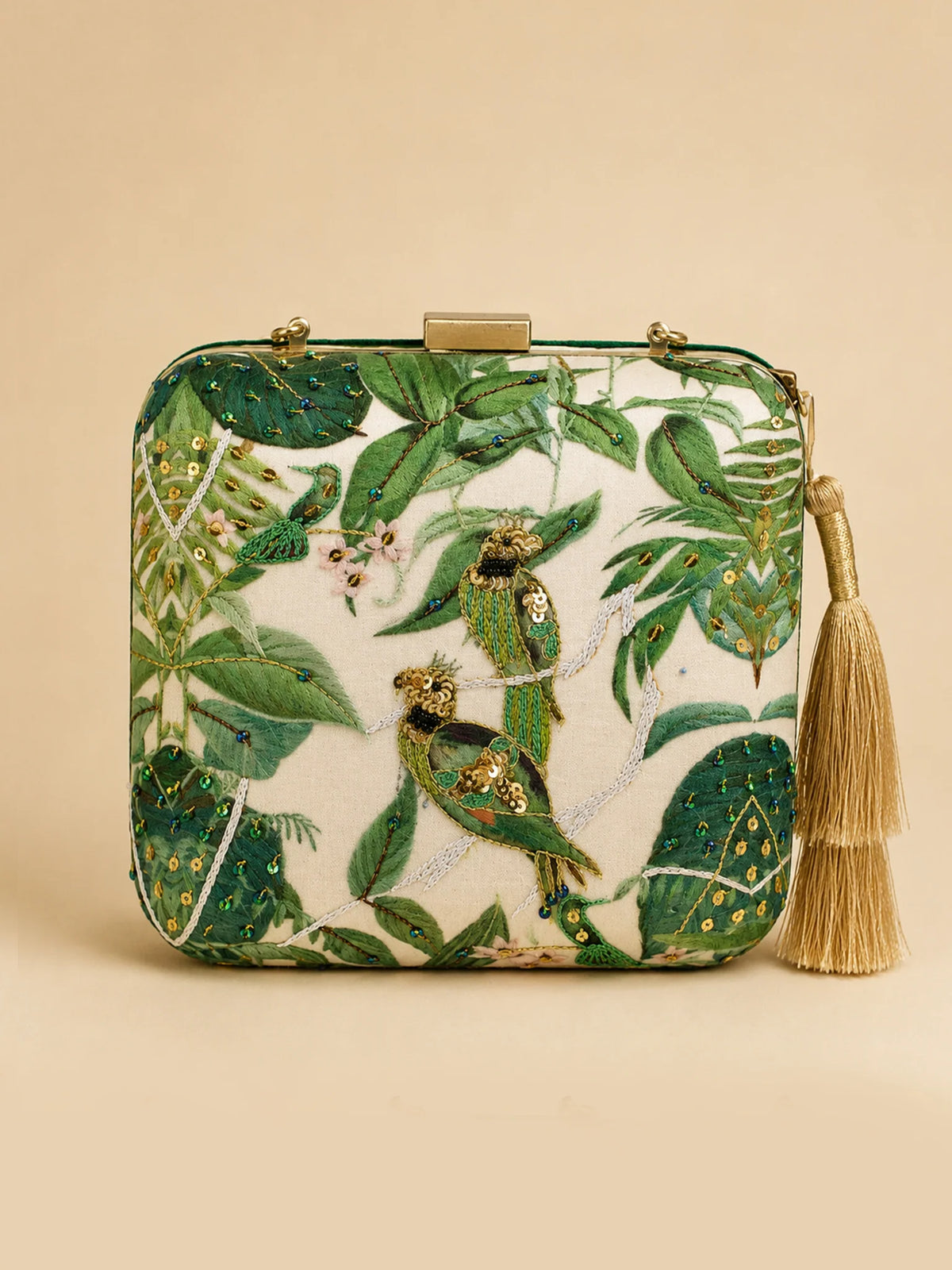 Green Parrot Embroidered Clutch Bag with Forest Print & Gold Tassel