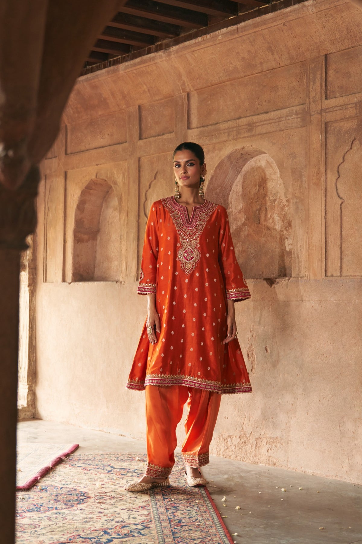 Hafsa Burnt Orange Silk Chanderi Chauga Suit with Dogri Salwar