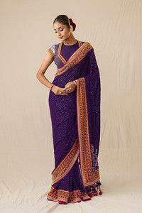 Purple mirror and pearl printed bandhej saree