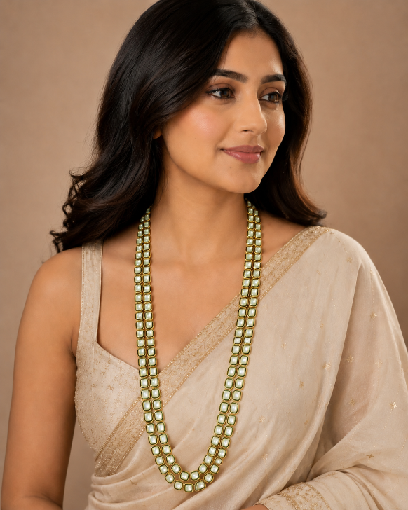 Mint Green Double-Line Jaipuri Kundan Long Necklace