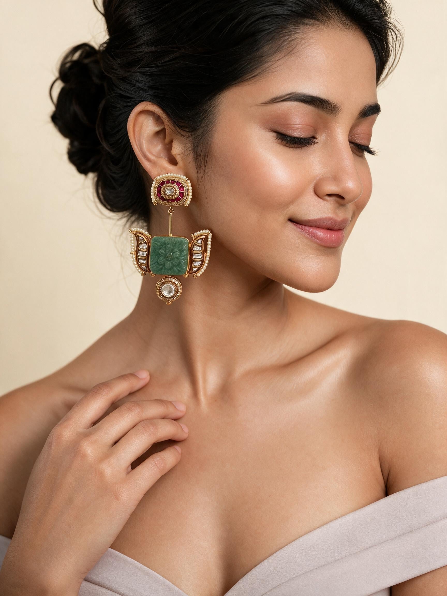 Sage Green Handmade Kundan Statement Earrings