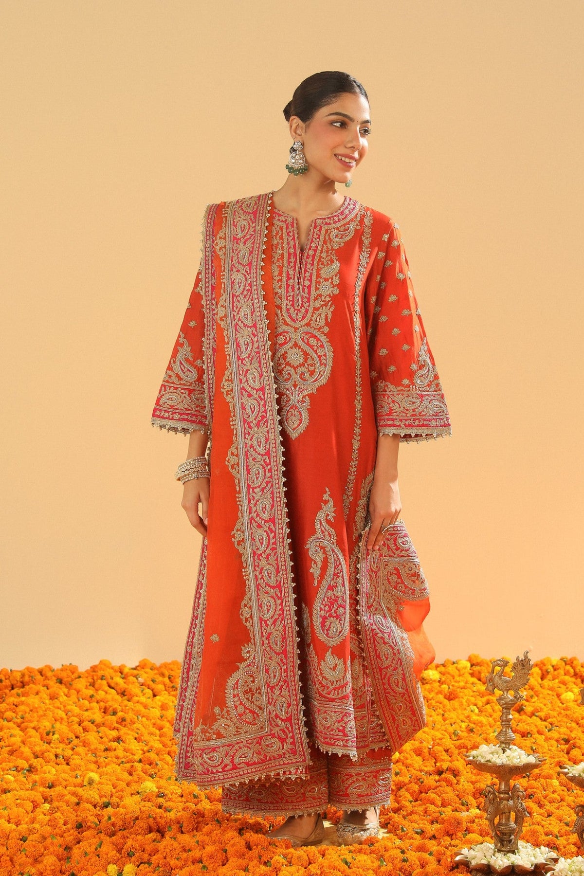 Misam - Burnt Orange Long A-line Kurta with Palazzo and Dupatta