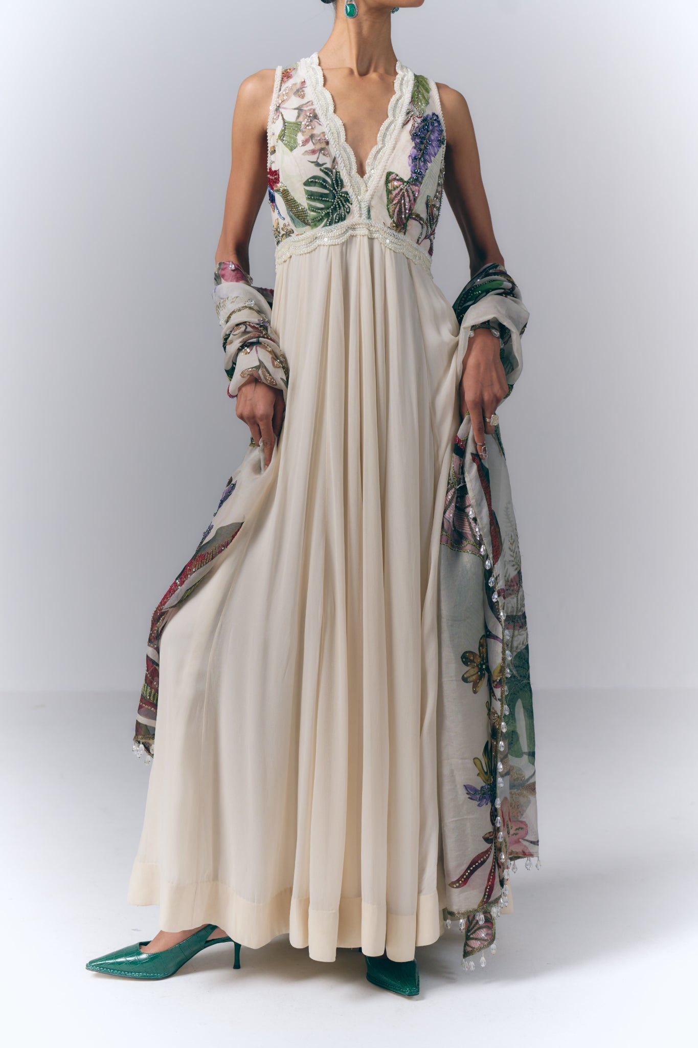 Ivory Botanical Embroidered Anarkali Set