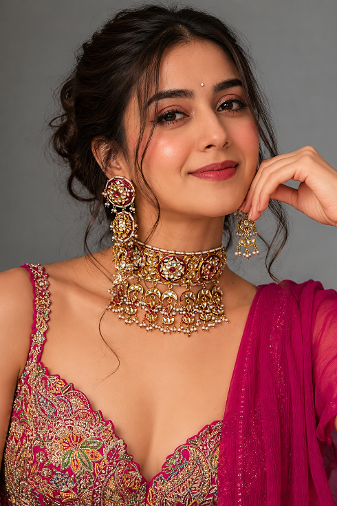 Jaipuri Kundan Chandrika Choker Set with Statement earring