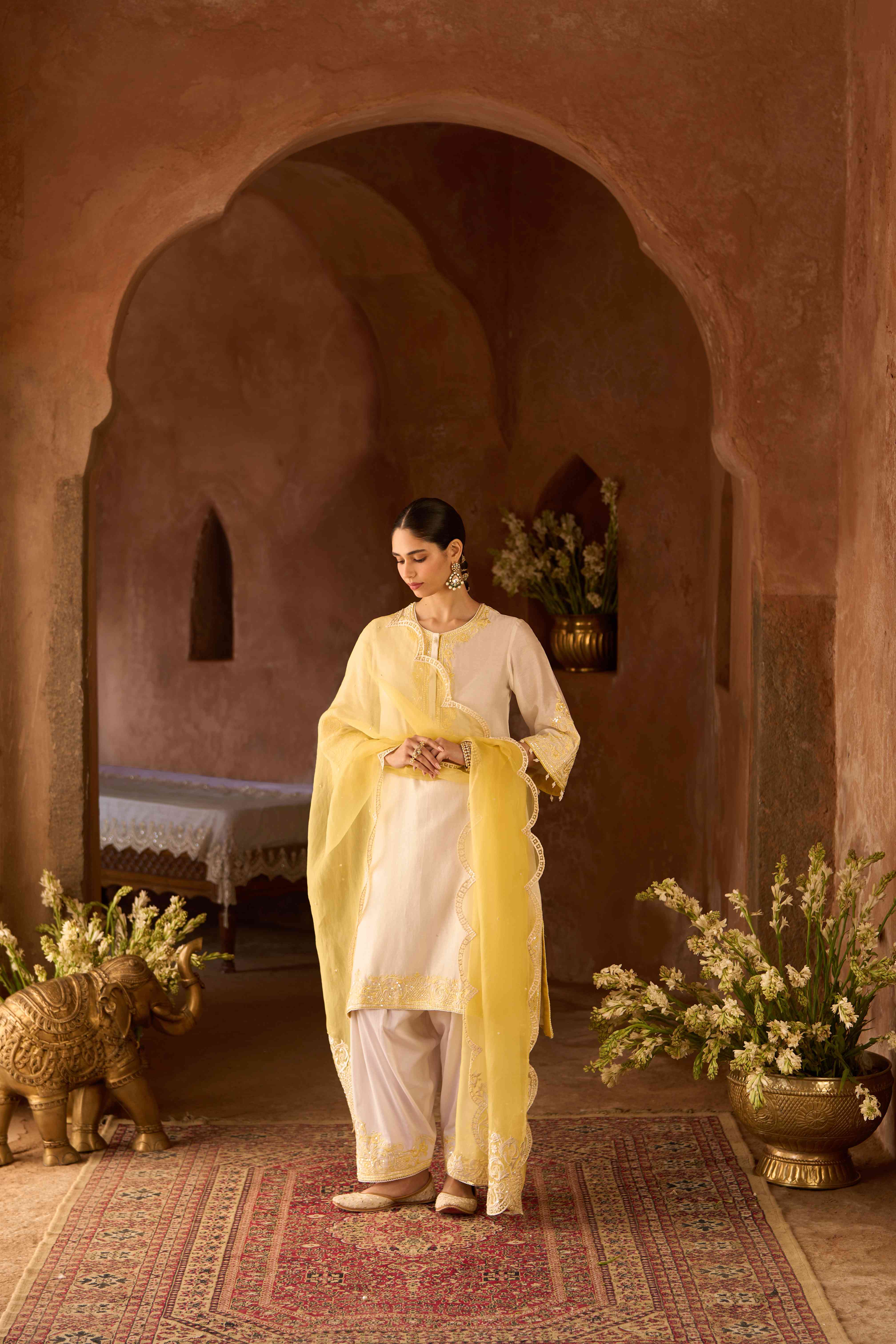 HANI - DAISY IVORY WITH LEMON YELLOW A-LINE KURTA WITH SALWAR AND DUPATTA