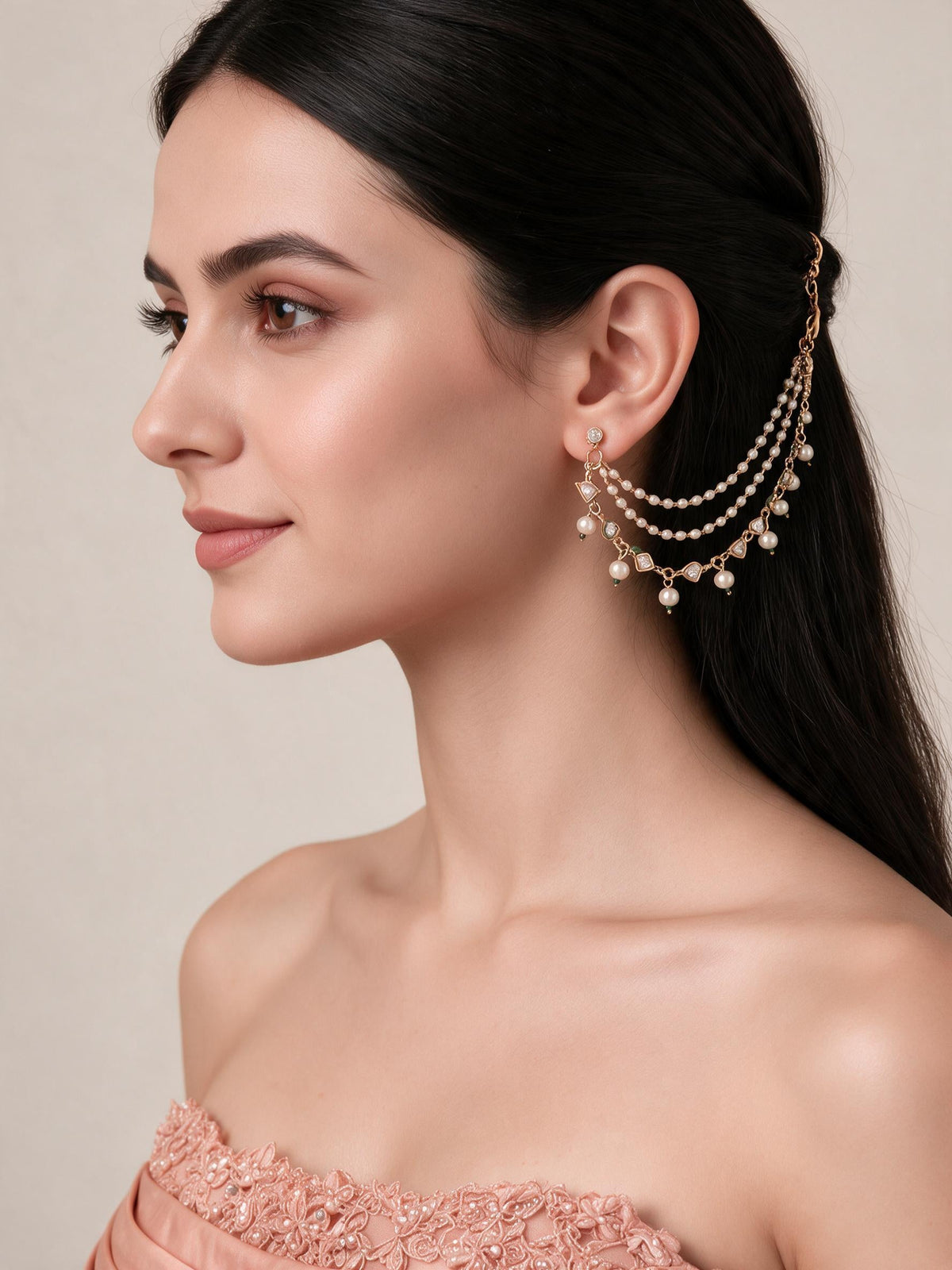 Kundan Pearl Cascade Earchain