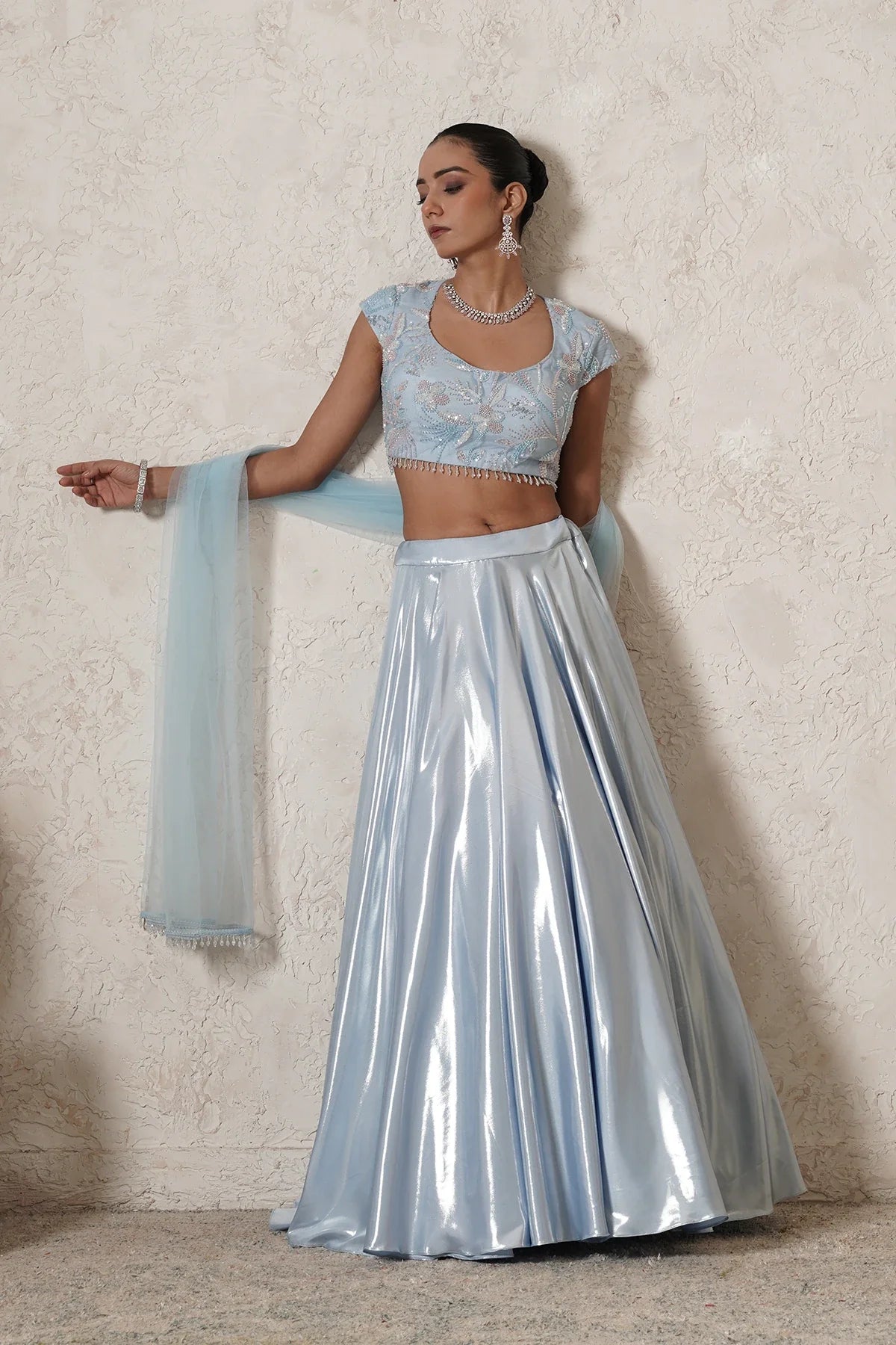 Dariya Metallic Lehenga Set with Hand-Embroidered Blouse & Dupatta | Sea Blue |  Women | THETAA