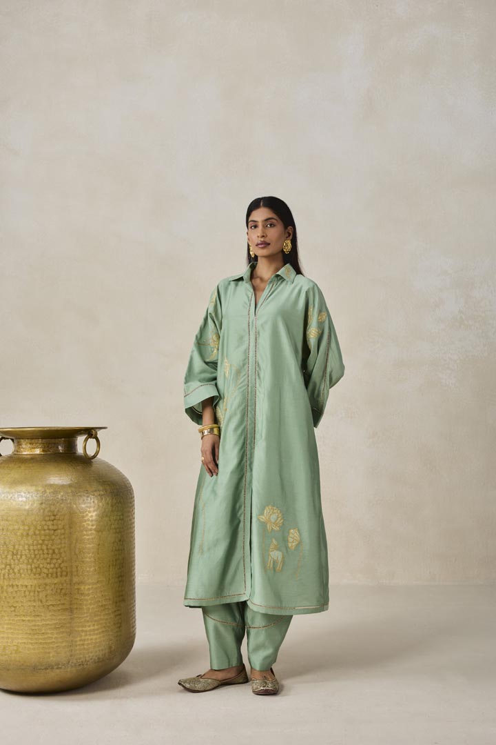 Sage Green Chanderi Shirt Kurta Salwar Set for Festive Wear