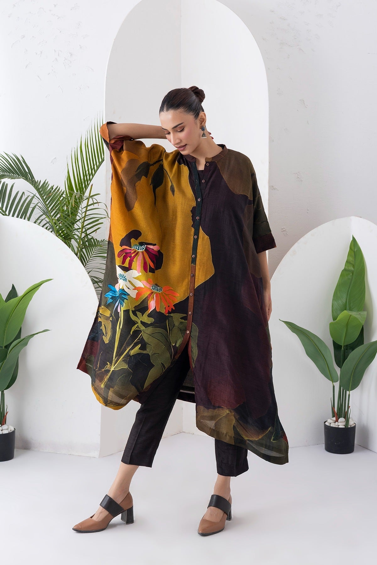 Mustard & Brown Viscose Dupion Printed Kaftan Style Dress Set (3 PCS)