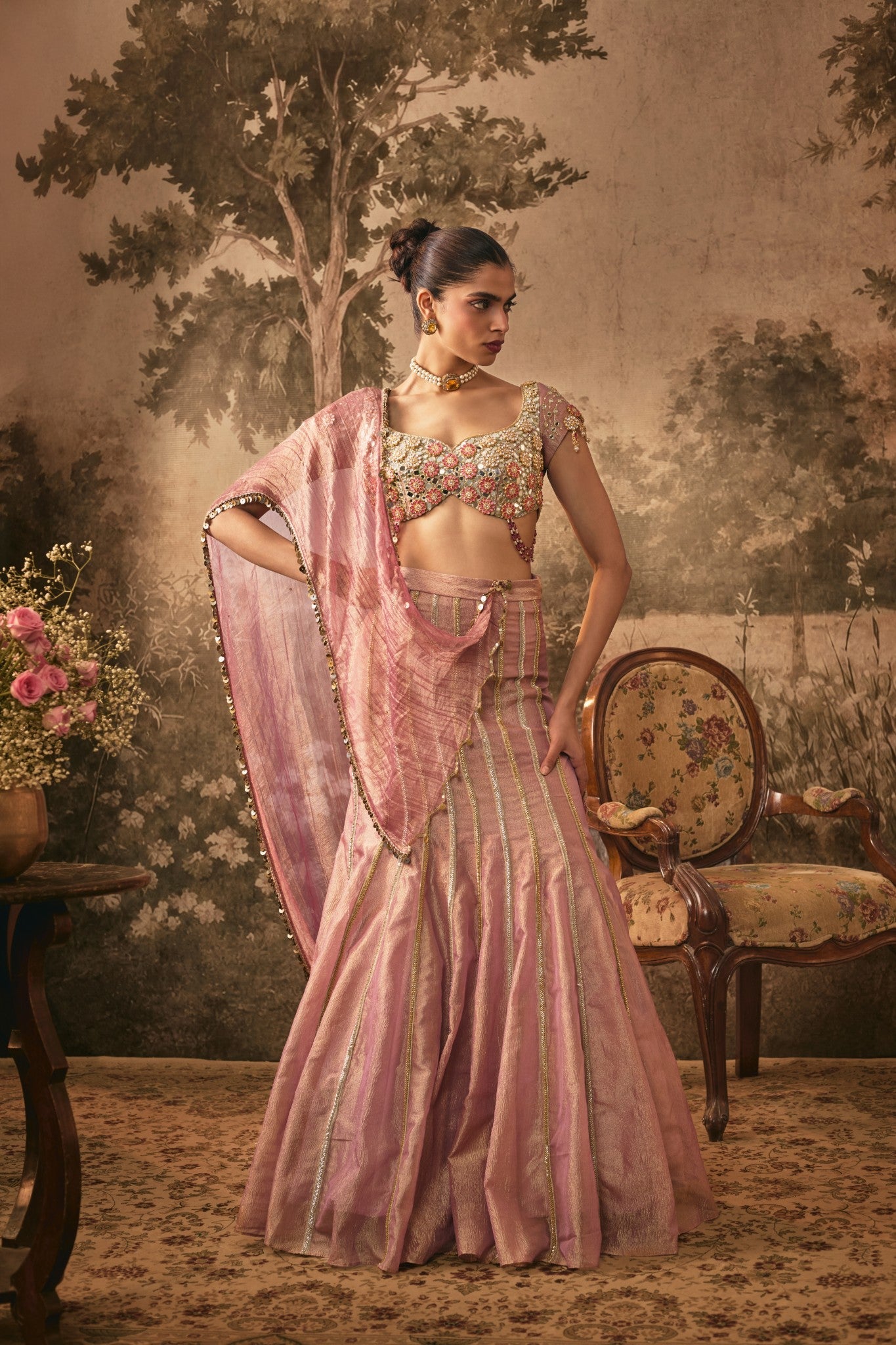 Dusty Rose Metallic Tissue Lehenga Set