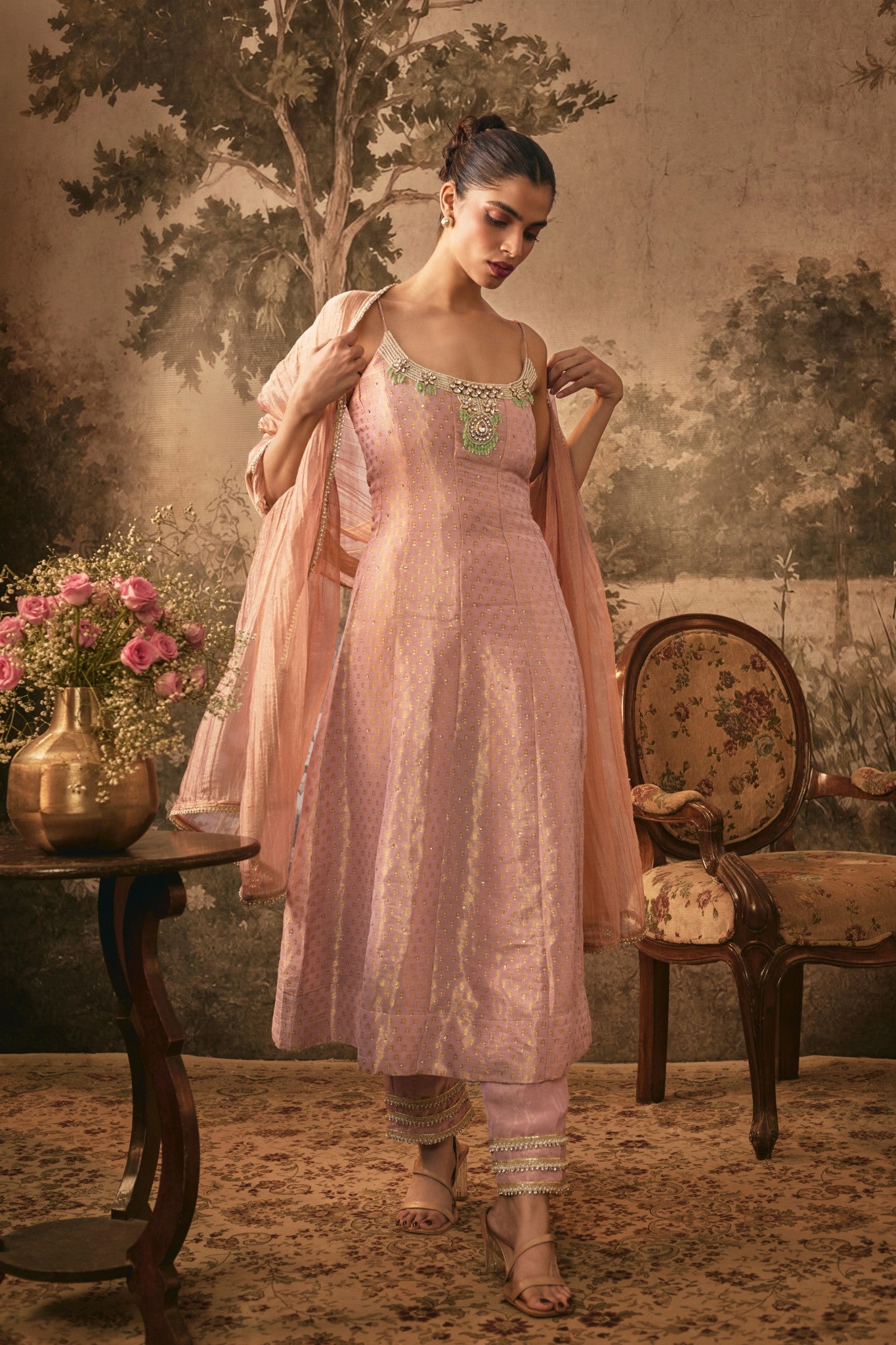 BLUSH PINK TISSUE ANARKALI SET