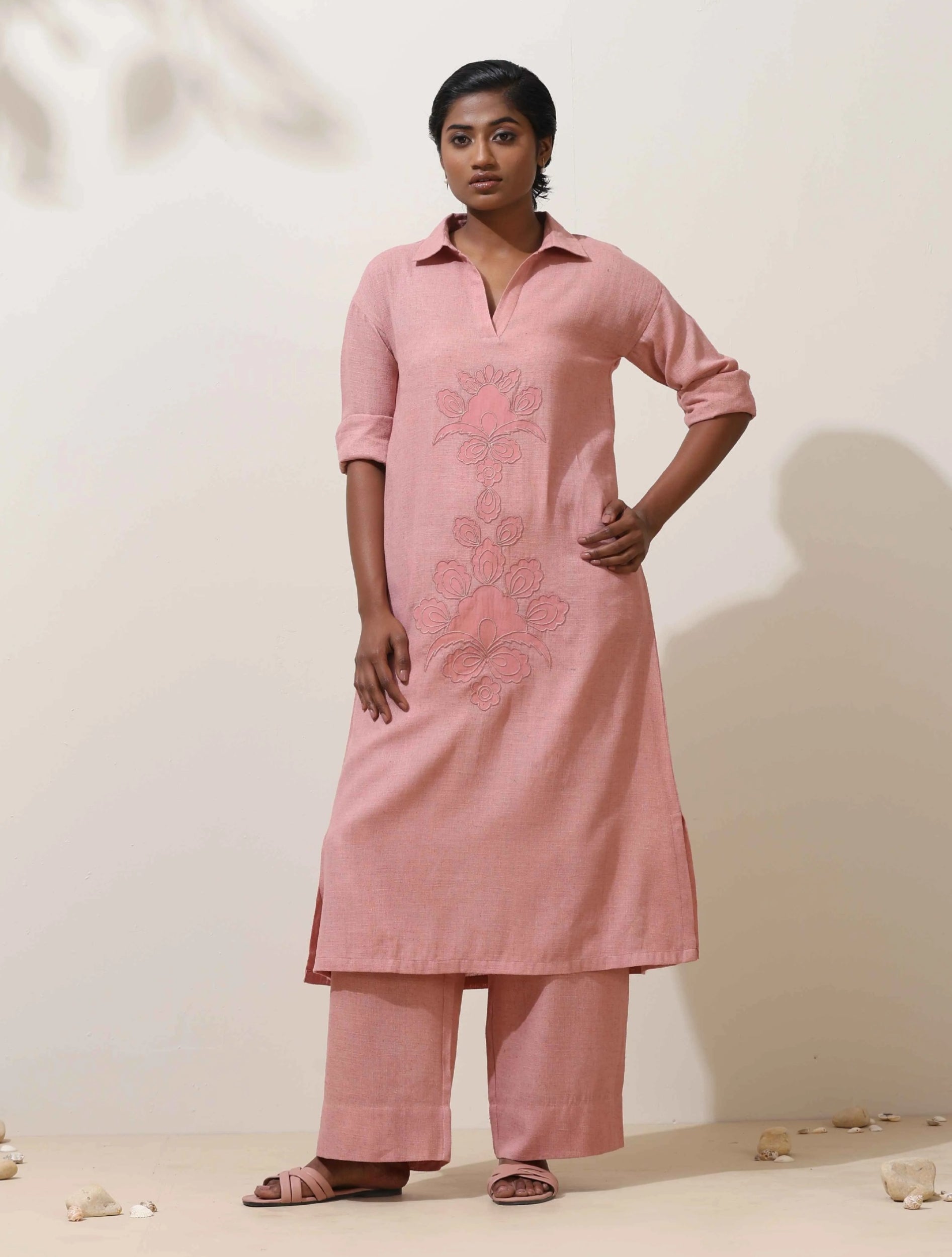 trueBrowns Dalia Pink Embroidered tural Cotton Kurta Pant Set