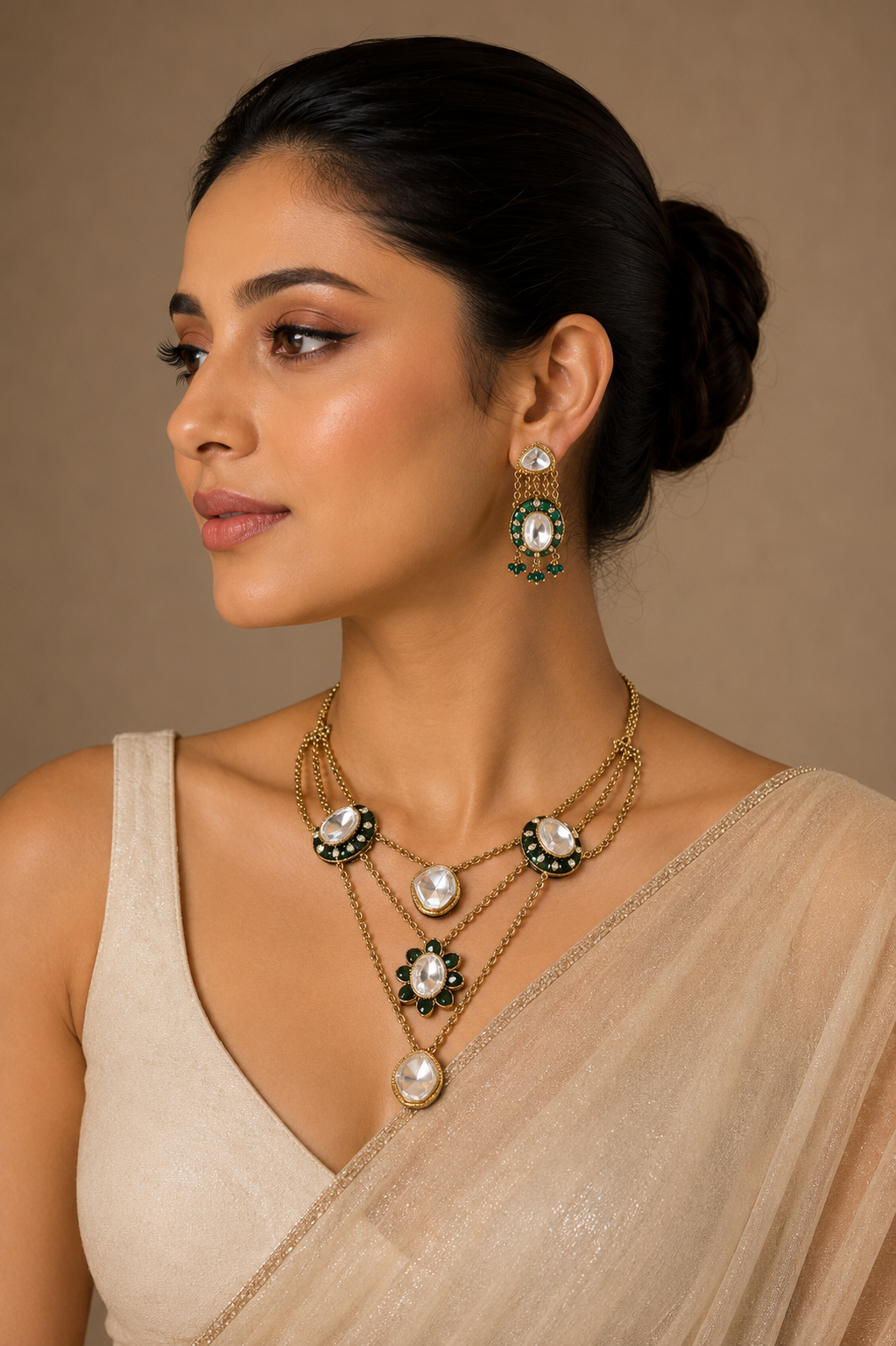 Emerald Kundan Layered Necklace Set with Drop Earring