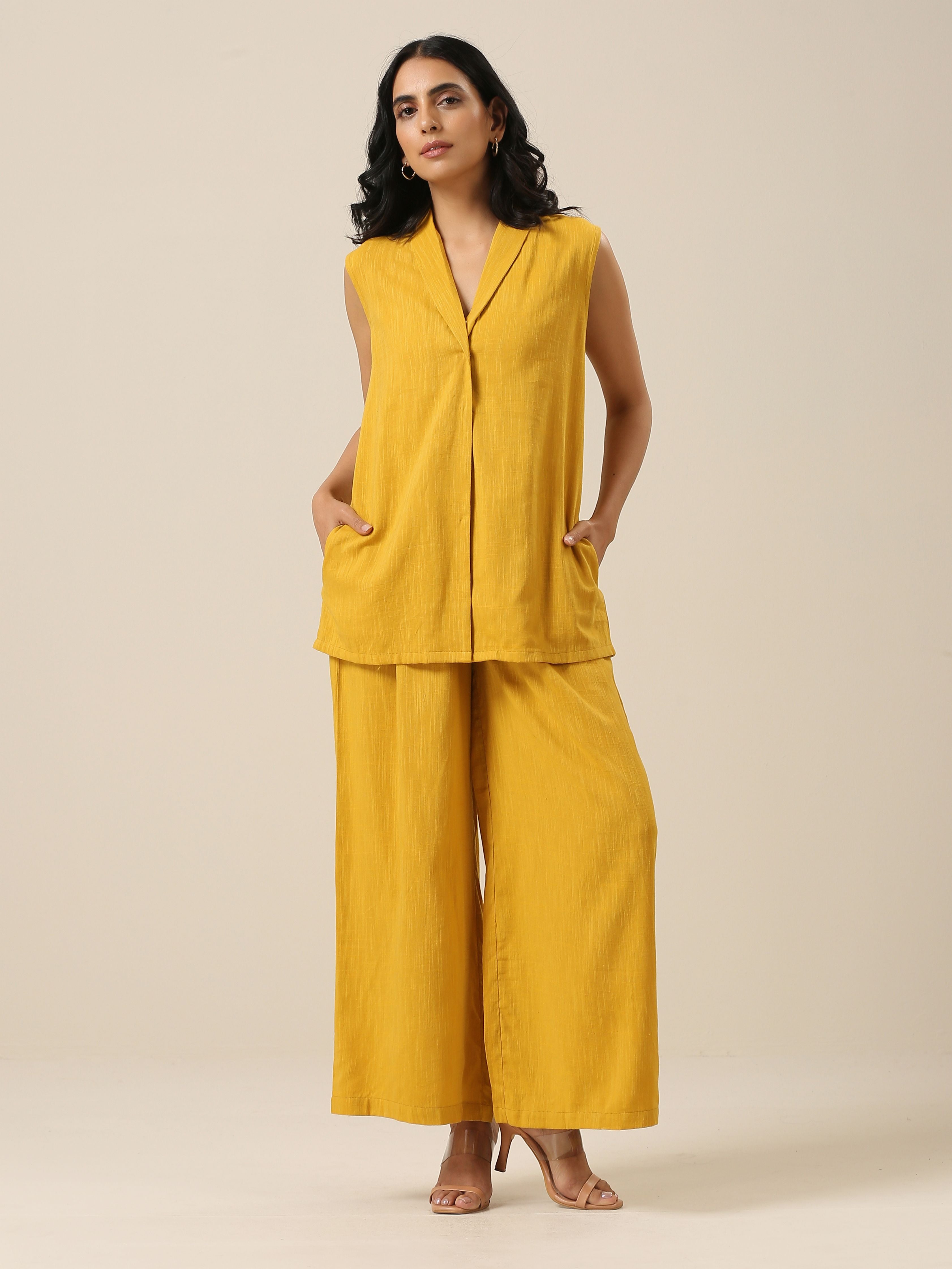 Mustard Yellow Slub Texture Sleevesless Jacket Pant Set