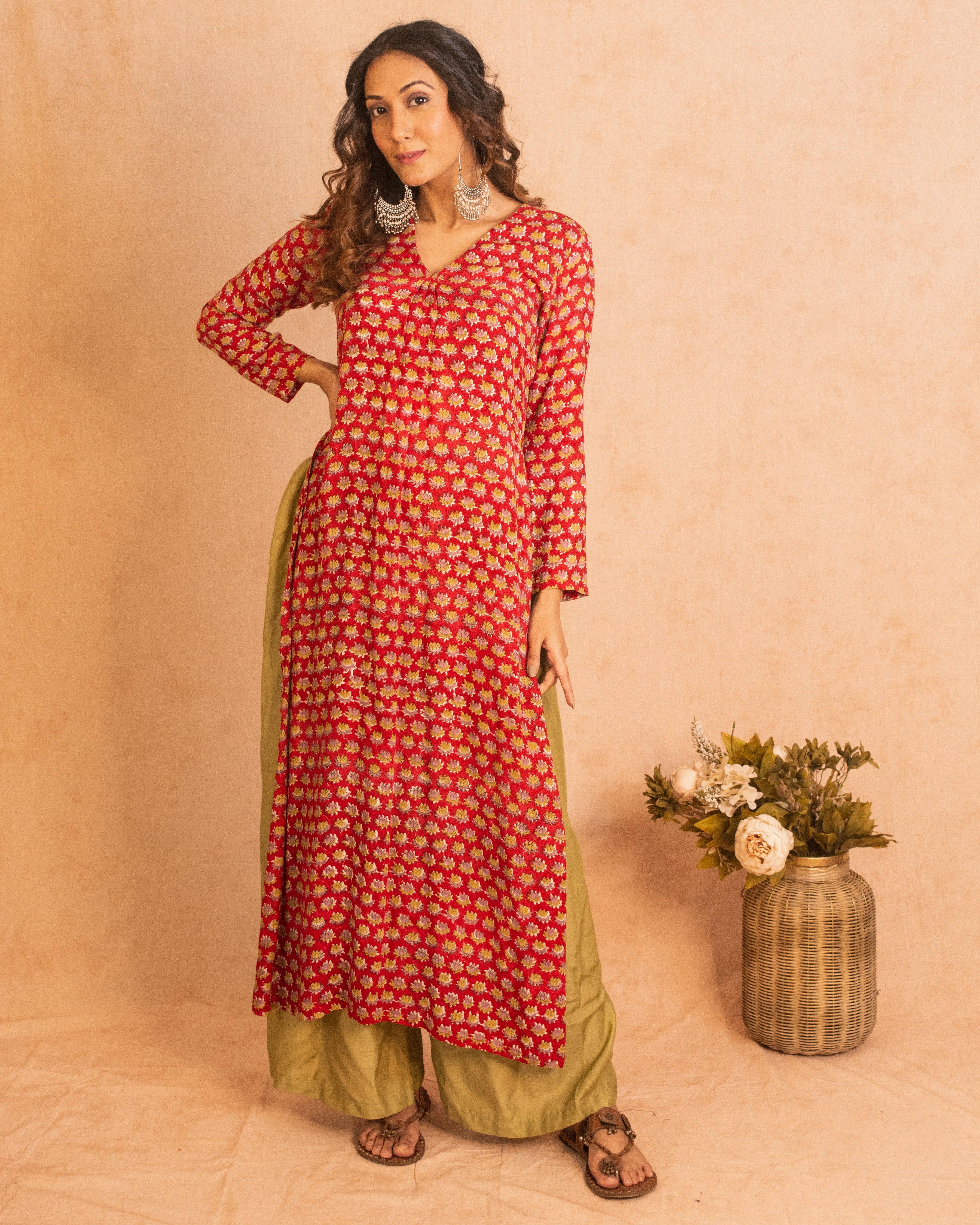 Red Hand Block Printed Slit Silk Kurta Palazzo Set - trueBrowns