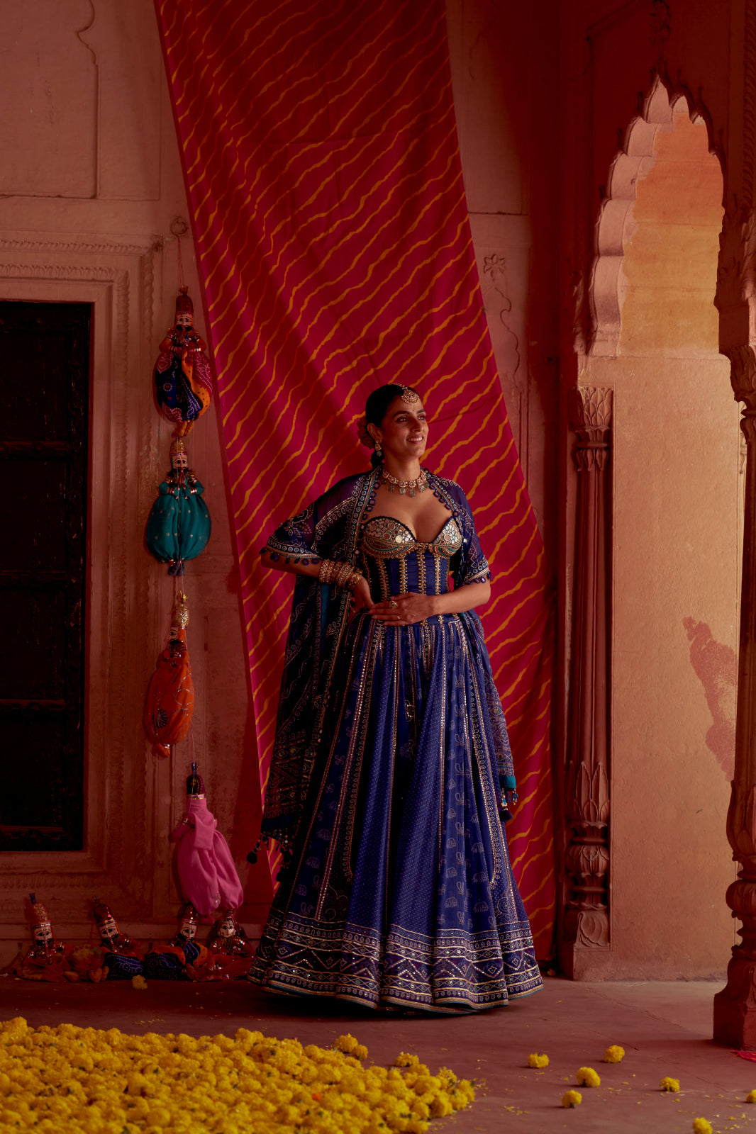 Regal Blue printed bandhej corset Lahenga set