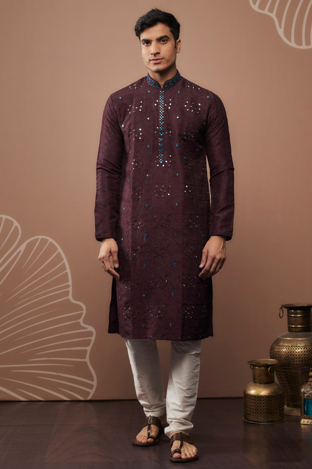 Wine silk kurta set with and hand and machine work