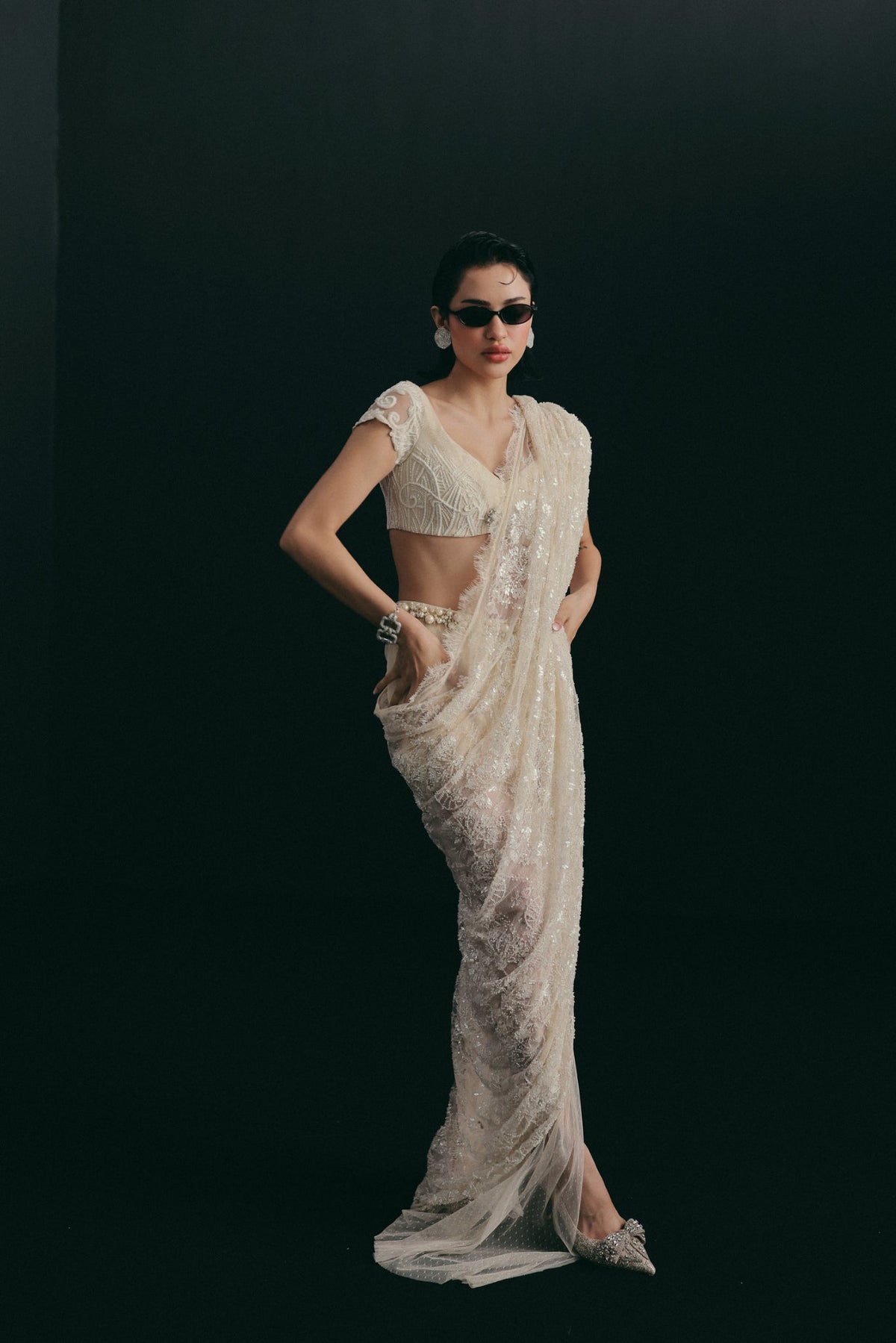 Art Deco Embroidery, Silk & French Lace, Stitched Sari Set, Draped Silhouette