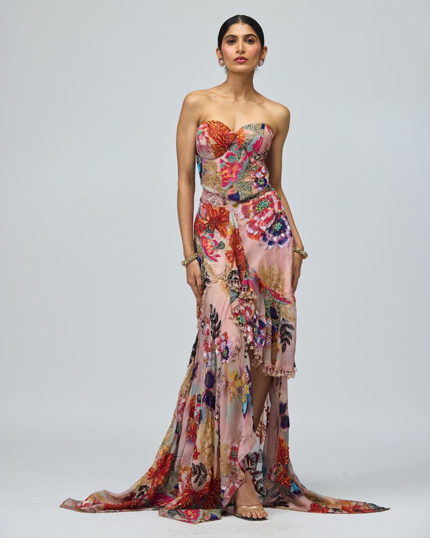 Pink Printed Motif Organza Co-ord Set for Festive Occasions