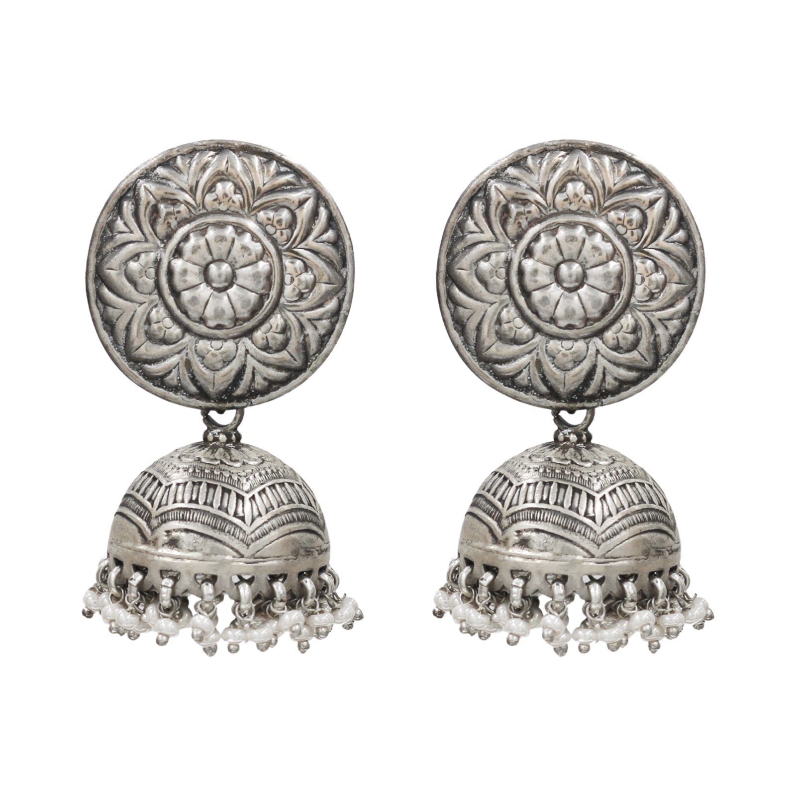 Sangeeta Boochra Floral Oxidised Silver Jhumka Earrings with Pearl Drops