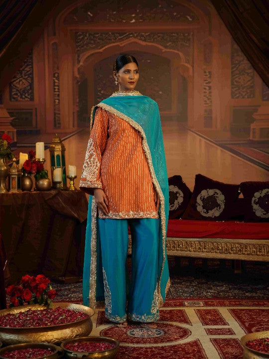 rust and teal silk kurta set - image 1