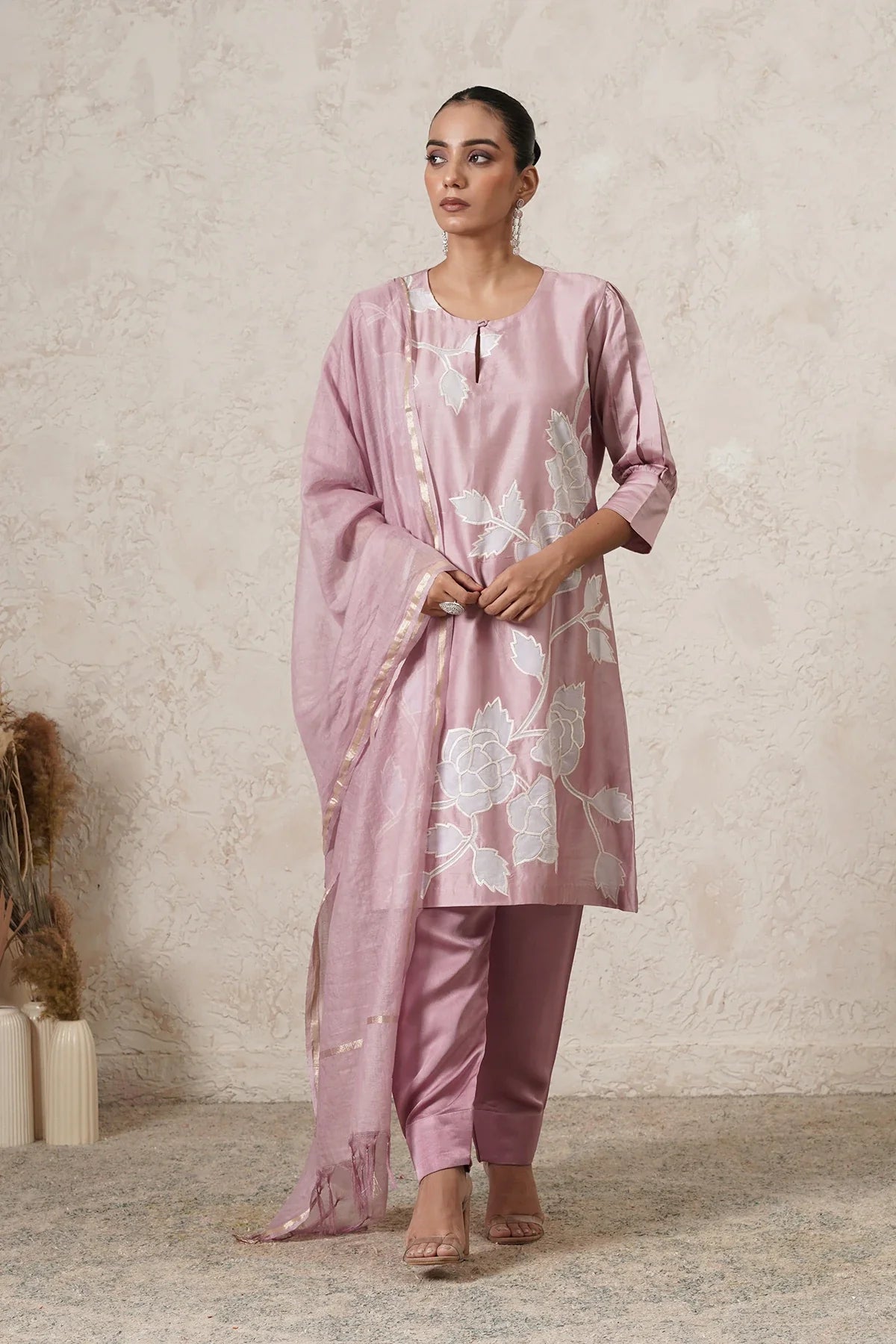 Chameli Floral Motif Kurta Set with Pants & Dupatta | Mauve Pink | THETAA