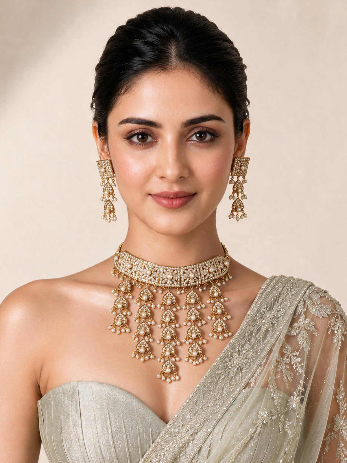 Gold Plated Handcrafted Jadau Necklace Set with pearl tassels