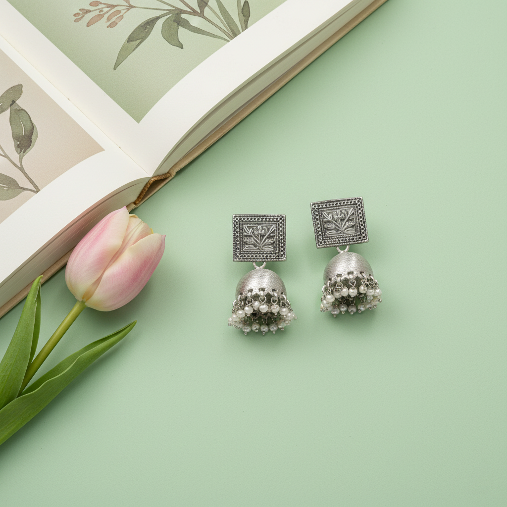 Floral Engraved Oxidised Silver Jhumki Earrings