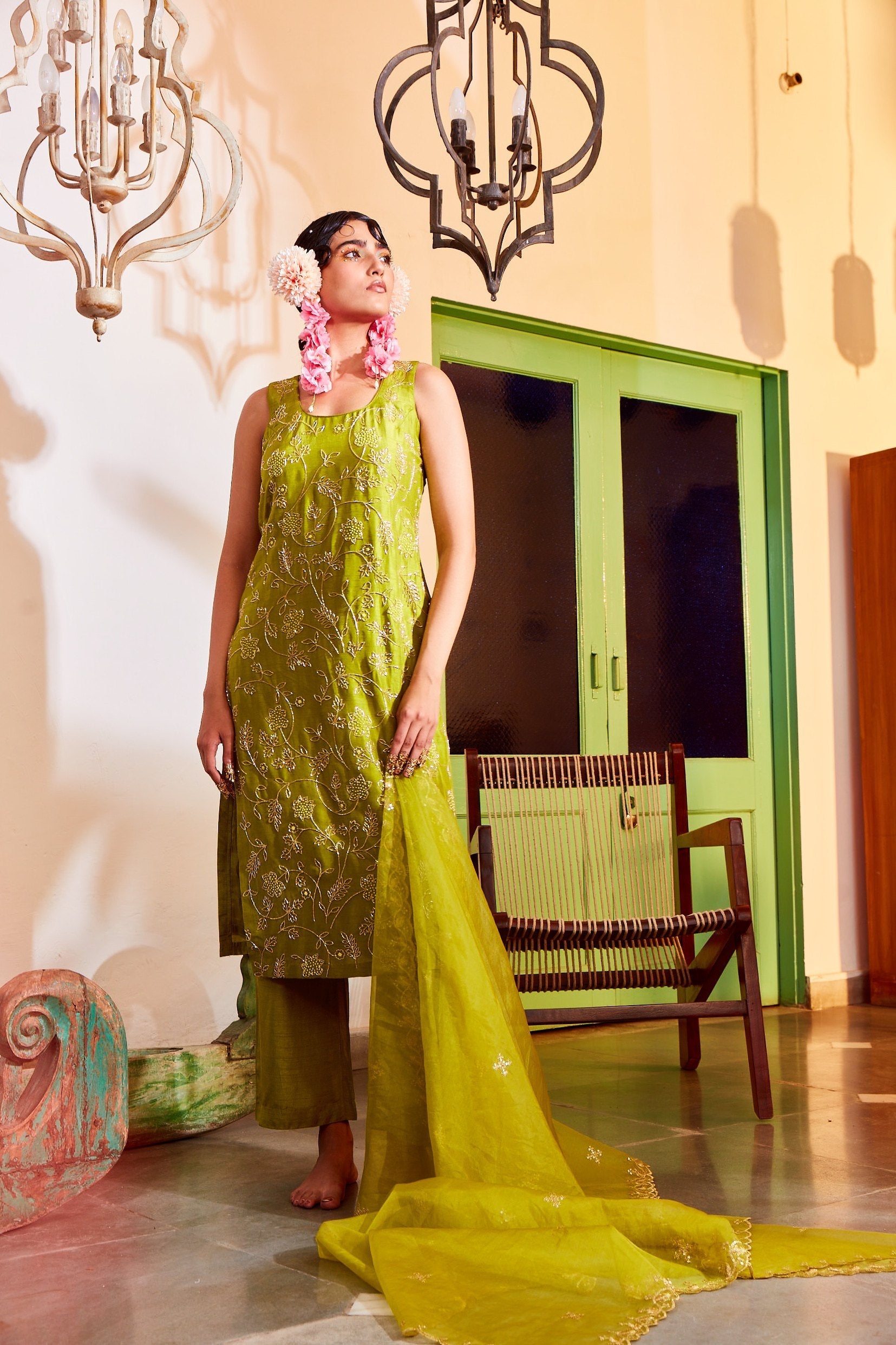 Green Straight Kurta Pants